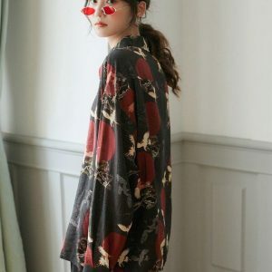 Bird Pattern Long Sleeve Shirt - Y2K Fashion Outfit Ideas for Spring & Summer Styles