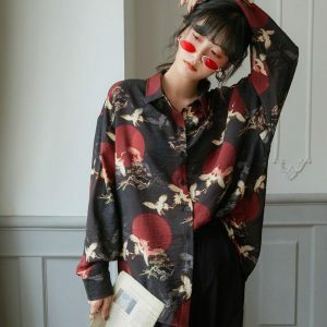 Bird Pattern Long Sleeve Shirt - Y2K Fashion Outfit Ideas for Spring & Summer Styles