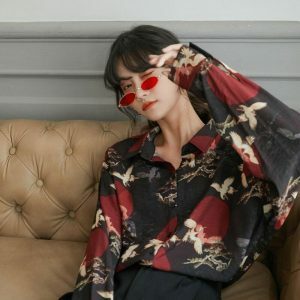 Bird Pattern Long Sleeve Shirt - Y2K Fashion Outfit Ideas for Spring & Summer Styles