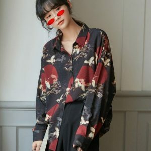Bird Pattern Long Sleeve Shirt - Y2K Fashion Outfit Ideas for Spring & Summer Styles