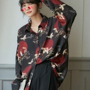 Bird Pattern Long Sleeve Shirt - Y2K Fashion Outfit Ideas for Spring & Summer Styles