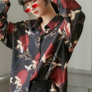 Bird Pattern Long Sleeve Shirt - Y2K Fashion Outfit Ideas for Spring & Summer Styles