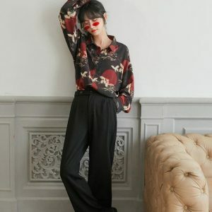 Bird Pattern Long Sleeve Shirt - Y2K Fashion Outfit Ideas for Spring & Summer Styles