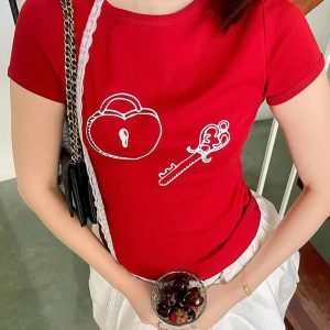 Contrast Print Round Neck Top - Y2K Fashion Essential for Casual & Spring Outfits