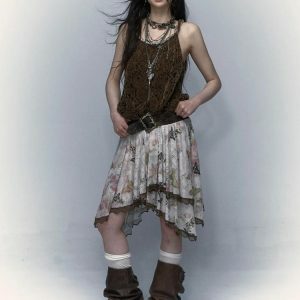 Fairy Grunge Floral Asymmetric Midi Skirt - Y2K Fashion for Spring & Summer Outfits