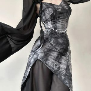 Goth Wide Sleeve Qipao Midi Dress - Y2K Fashion for Spring & Summer Outfits
