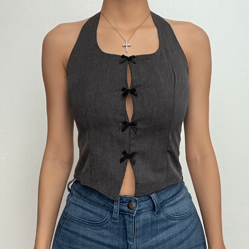 Halter Bowknot Backless Zip-Up Sleeveless Crop Top - Y2K Fashion Outfit Ideas