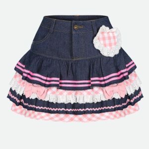 Kawaii Layered Denim Mini Skirt - Y2K Fashion for Spring & Summer Outfits