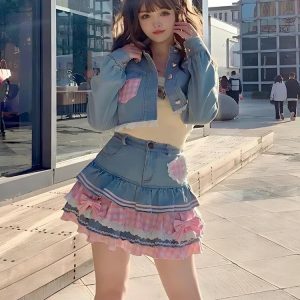 Kawaii Layered Denim Mini Skirt - Y2K Fashion for Spring & Summer Outfits
