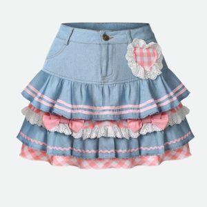 Kawaii Layered Denim Mini Skirt - Y2K Fashion for Spring & Summer Outfits