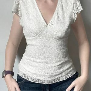 Lace Double-Layer V-Neck Flutter Sleeve Top - Y2K Fashion for Spring & Summer Outfits