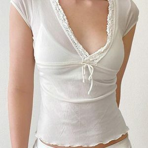 Lace Ruffle V-Neck Bow Crop Top - Y2K Fashion for Spring & Summer Outfits