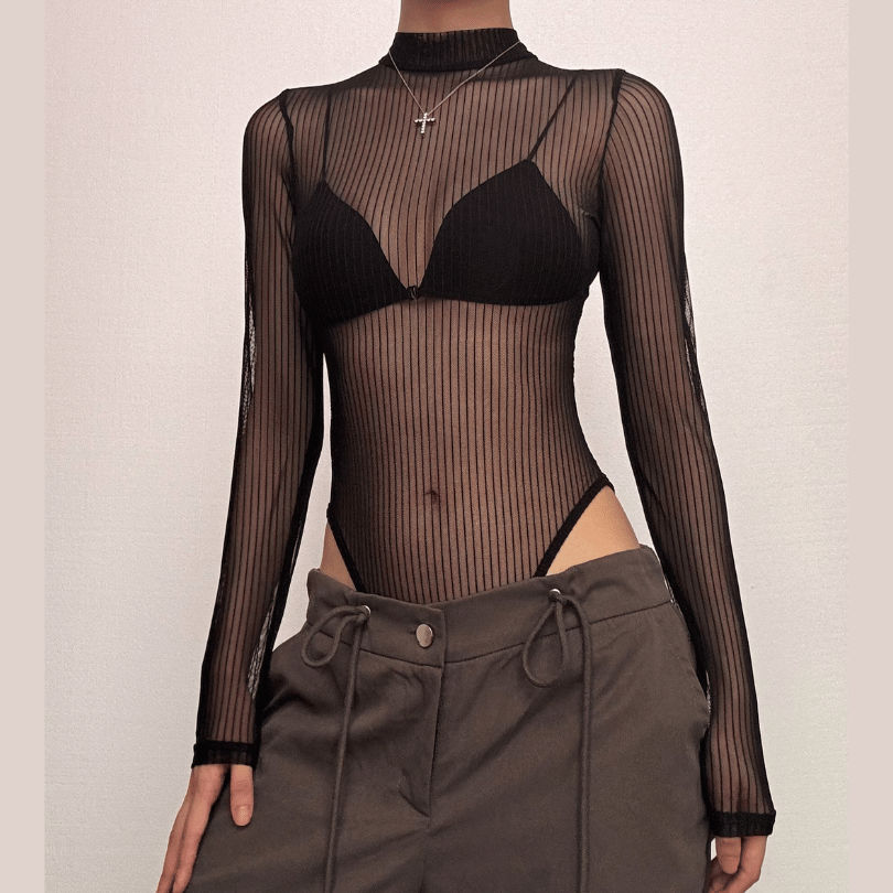 Long Sleeve Sheer Mesh Striped Bodysuit - Y2K Fashion for Summer & Spring Outfits