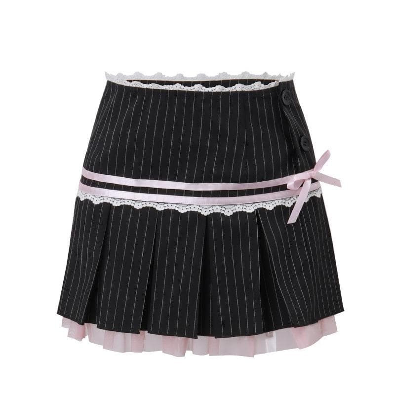Pleated Striped Mini Skirt with Lace Hem & Bowknot - Y2K Fashion Outfit Idea