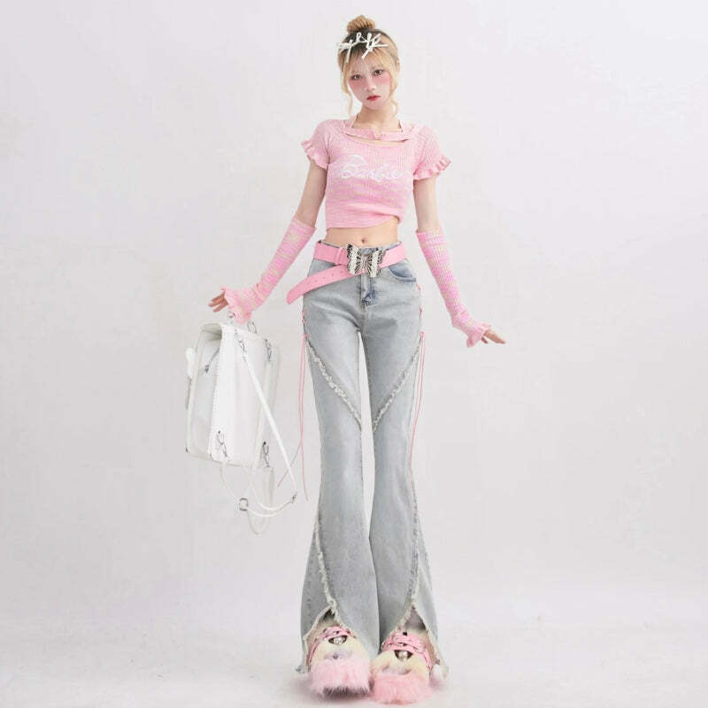 Soft Girl Lace Up Slit Flare Jeans - Y2K Fashion for Casual & Concert Outfits