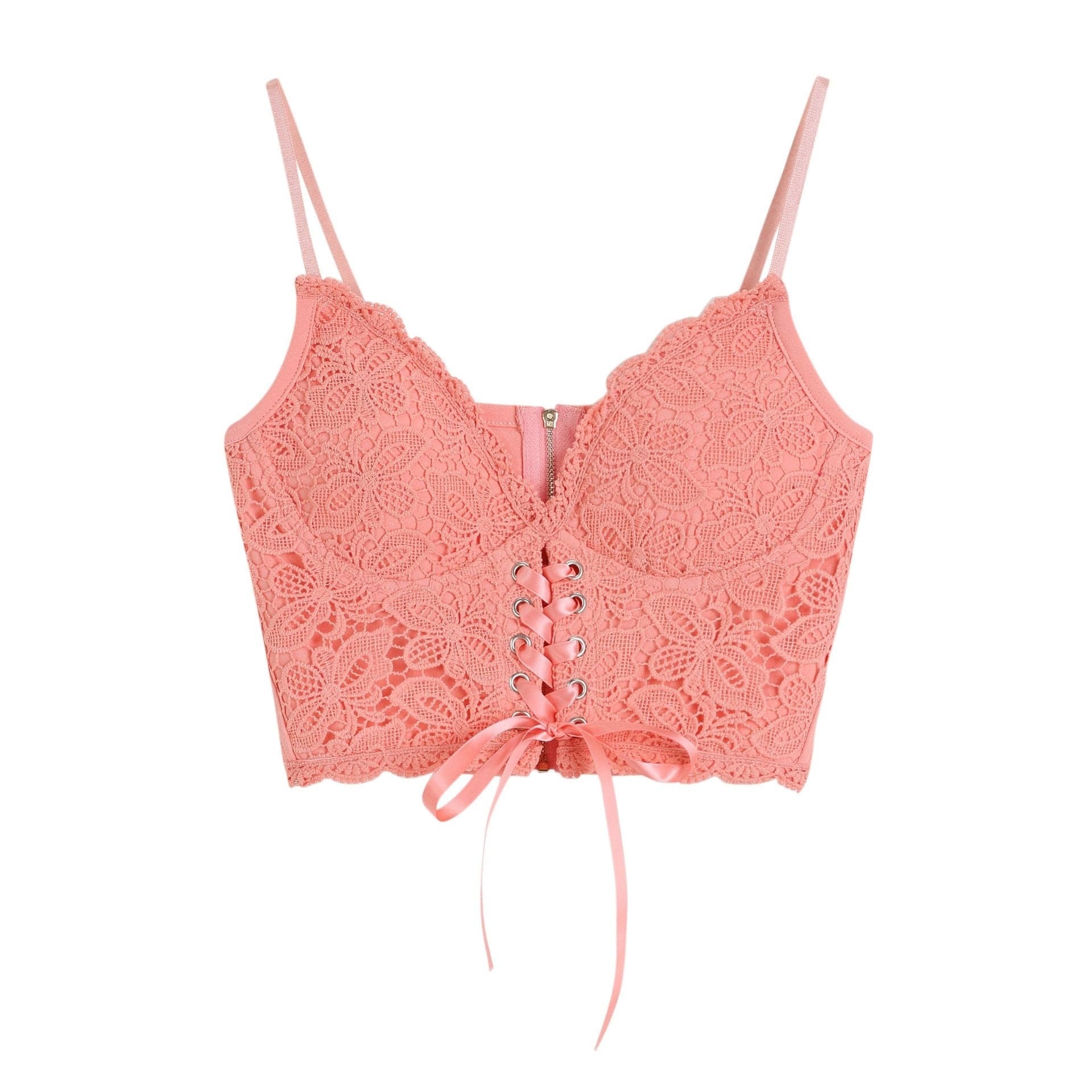 V Neck Heart Neck Lace Up Zip-Up Cami Top - Y2K Fashion for Spring & Summer Outfits