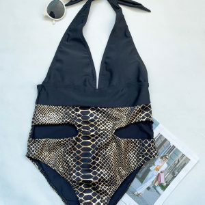 V Neck Padded Halter Snakeskin Hollow Out One Piece Swimwear - Y2K Fashion Summer Outfit