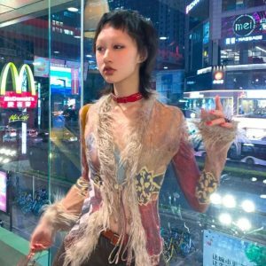 Vintage Faux Fur Tie Front Top - Y2K Fashion for Spring & Summer Outfits