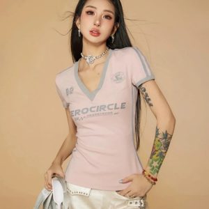 Vintage Striped V Neck Jersey Top - Y2K Fashion Essential for Spring & Summer Outfits