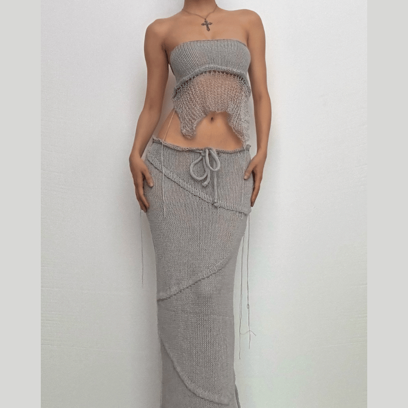 Y2K Fashion Backless Self Tie Slit Tube Knitted Maxi Skirt Set for Summer Outfits