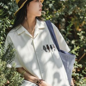 Y2K Fashion Cat Embroidered Shirt - Cute Outfit Ideas for Spring & Summer Styles