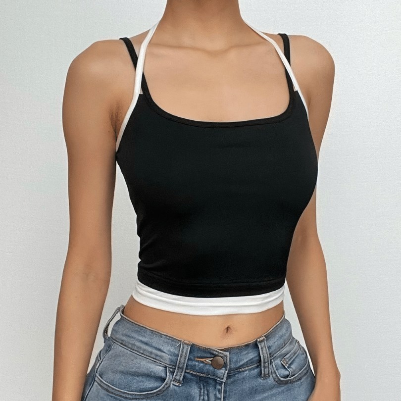 Y2K Fashion Contrast Patchwork Halter Backless Crop Top - Trendy Summer Outfit Idea