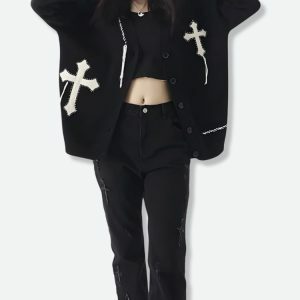 Y2K Fashion Cross Patch Cardigan - Trendy Spring Outfits & Casual Outfit Ideas