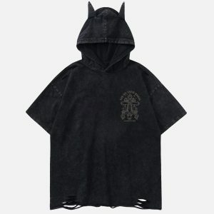 Y2K Fashion Crossprint Washed Hooded Tee for Casual Spring Outfits