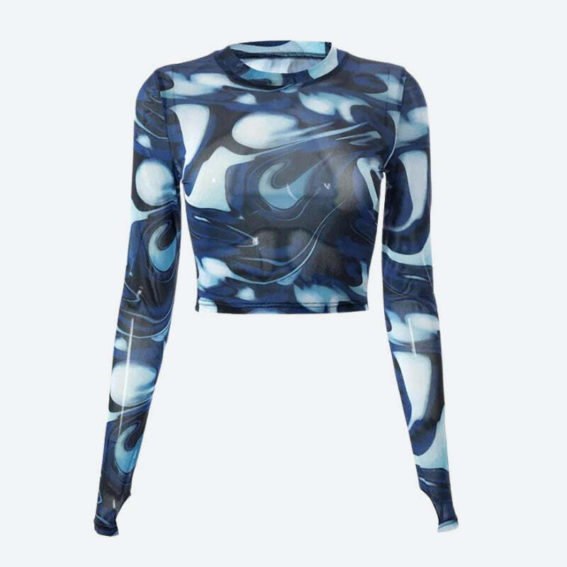 Y2K Fashion Cyberpunk Blue Aura Sheer Top - Trendy Spring & Summer Outfit Idea