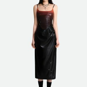 Y2K Fashion Cyberpunk Faux Leather Midi Dress - Trendy Outfit Ideas for Spring & Summer