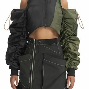 Y2K Fashion Cyberpunk Ruched Sleeve Puffer Jacket - Trendy Spring Outfit Idea