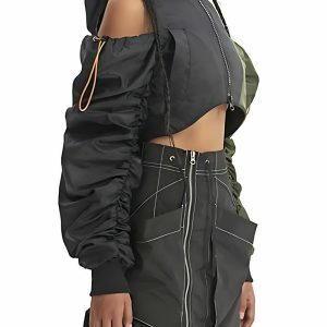 Y2K Fashion Cyberpunk Ruched Sleeve Puffer Jacket - Trendy Spring Outfit Idea