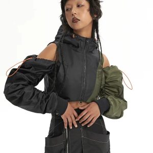 Y2K Fashion Cyberpunk Ruched Sleeve Puffer Jacket - Trendy Spring Outfit Idea