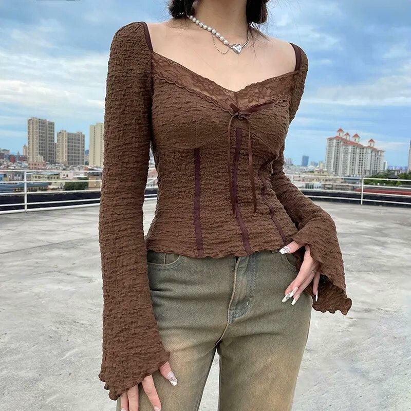 Y2K Fashion Fairycore Lace Shirred Top - Perfect for Spring Outfits & Casual Looks