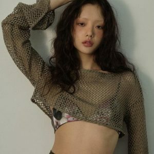 Y2K Fashion Fishnet Crop Shrug Sweater - Trendy Coquette Aesthetic for Spring Outfits