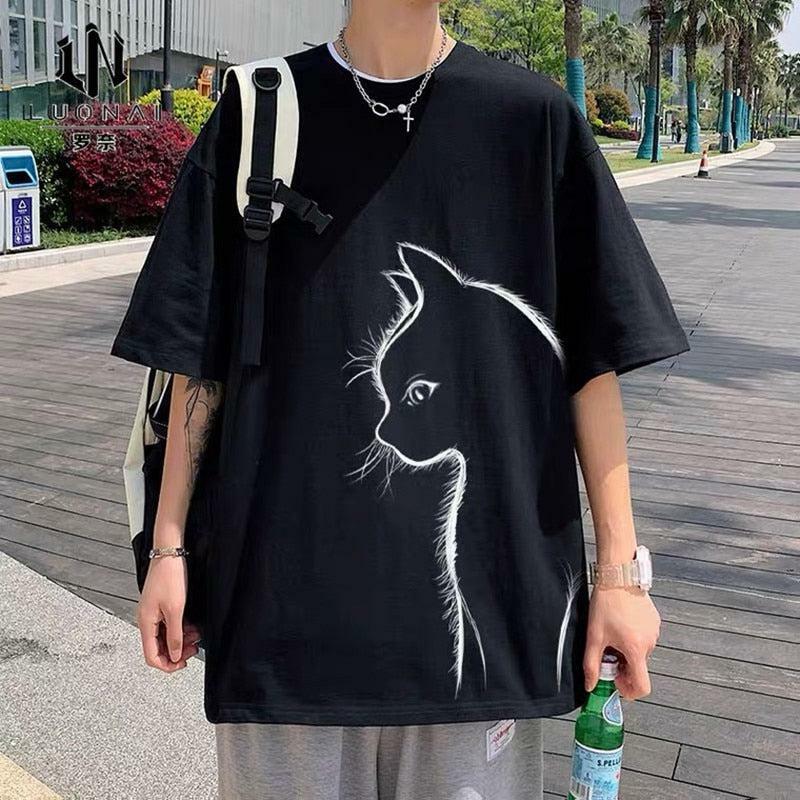 Y2K Fashion Front Printed Cat Tee - Trendy Casual Outfit for Spring & Summer Vibes