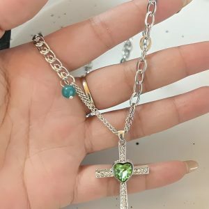 Y2K Fashion Goth Shiny Heart Cross Necklace - Perfect for Concerts, Raves & Casual Outfits