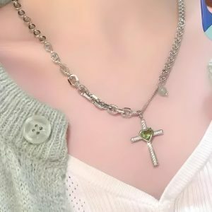 Y2K Fashion Goth Shiny Heart Cross Necklace - Perfect for Concerts, Raves & Casual Outfits