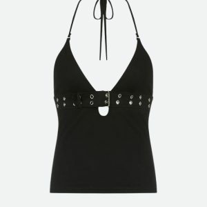 Y2K Fashion Grunge Belted Halter Neck Top - Trendy Summer & Spring Outfit Ideas