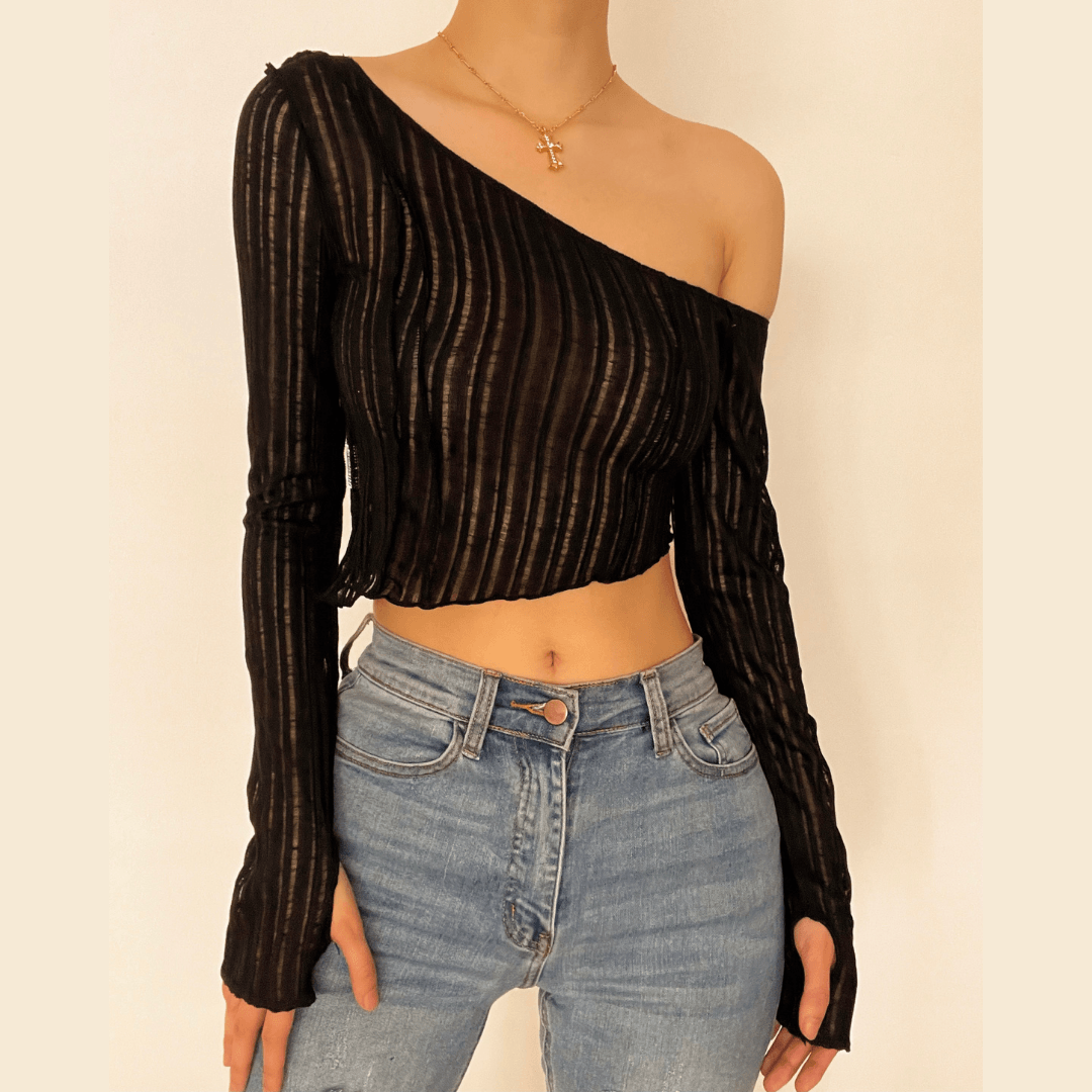 Y2K Fashion Long Sleeve One Off Shoulder Ruffled Top - Perfect for Spring Outfits & Casual Looks