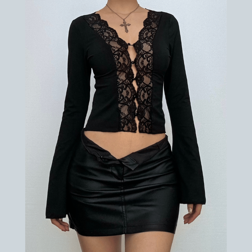 Y2K Fashion Long Sleeve V Neck Lace Hem Button Top - Perfect for Spring Outfits & Casual Looks
