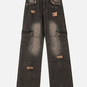 Y2K Fashion Multi-Pocket Ribbon Raw Edge Jeans for Trendy Outfit Ideas