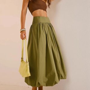 Y2K Fashion Ruched Bubble Hem Midi Skirt - Trendy Spring & Summer Outfit Ideas