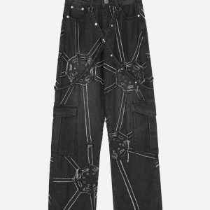 Y2K Fashion Spider Web Denim Straight Leg Pants for Trendy Outfit Ideas