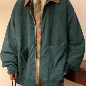 Y2K Fashion Vintage Corduroy Contrast Color Jacket - Spring & Summer Outfit Ideas