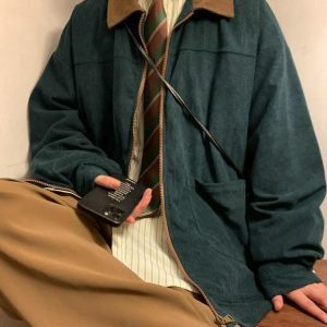 Y2K Fashion Vintage Corduroy Contrast Color Jacket - Spring & Summer Outfit Ideas