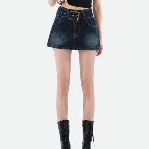 Y2K Grunge Belted Denim Mini Skirt - Trendy Summer & Spring Outfit Idea