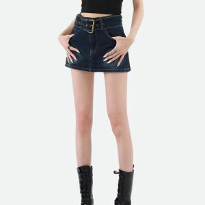 Y2K Grunge Belted Denim Mini Skirt - Trendy Summer & Spring Outfit Idea