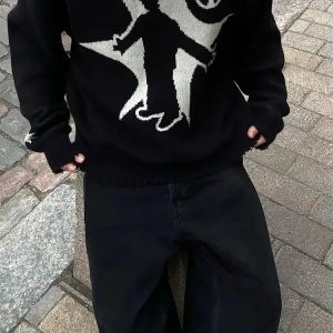 Y2K Grunge Starboy Distressed Knitted Sweater - Trendy Casual Outfit for Spring & Summer