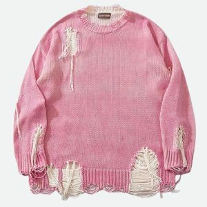 Y2K Grunge Tasseled Distressed Sweater - Trendy Casual Outfit for Spring & Summer
